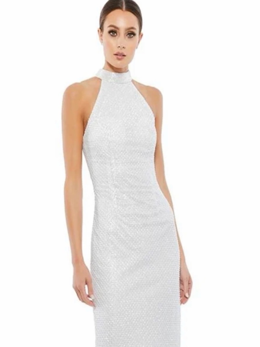 Mac Duggal White Sequin High-Neck Midi Dress